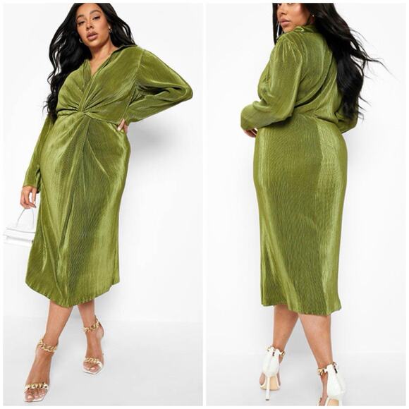 Boohoo Green 14 Pleated Twist Front Stretch Midi Dress Dolman Sleeve Look Party - Picture 1 of 10